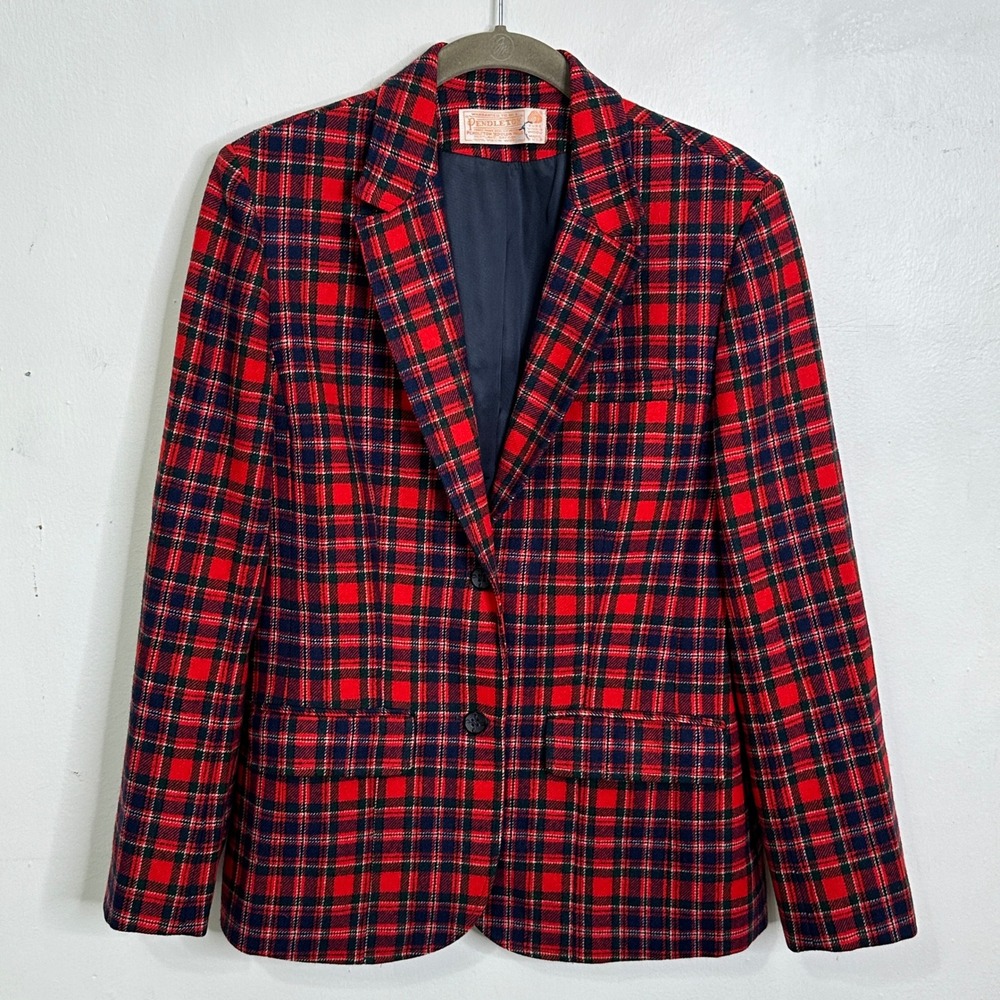 Pendleton Vintage Red Plaid 100% Virgin Wool Blazer Jacket USA Made READ